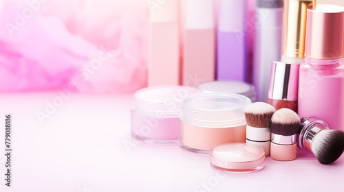 Cosmetics products on pink background, fashion, personal accessory, glamour, set