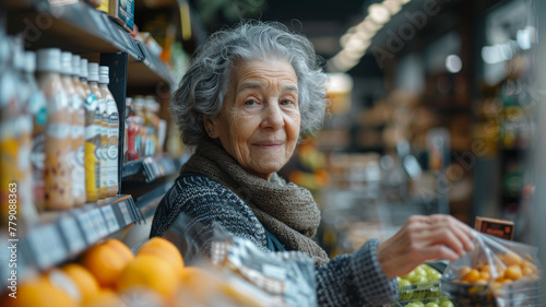 Elderly woman shopping in a grocery store