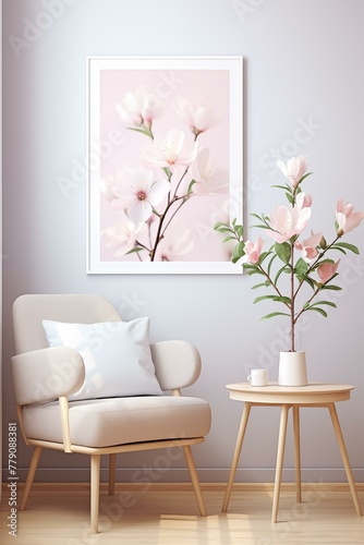 Pink floral print in living room  wallpaper  background  sofa  vase  decor