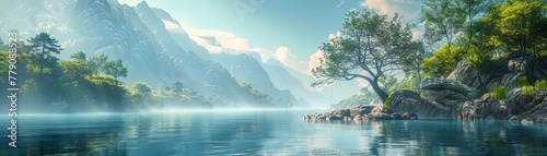 Majestic canyon river, naturalistic, panoramic, rugged, daylight , 3D illustration