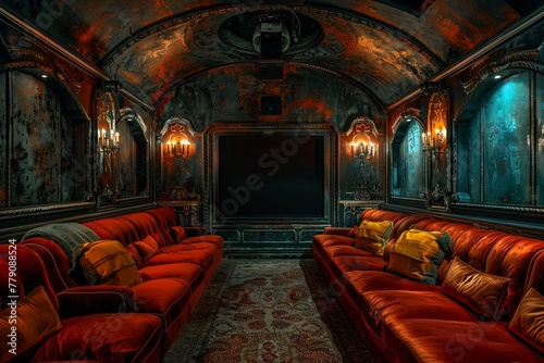 Luxurious art deco cinema, vintage, interior photography, glamorous, dimly lit , high contrast