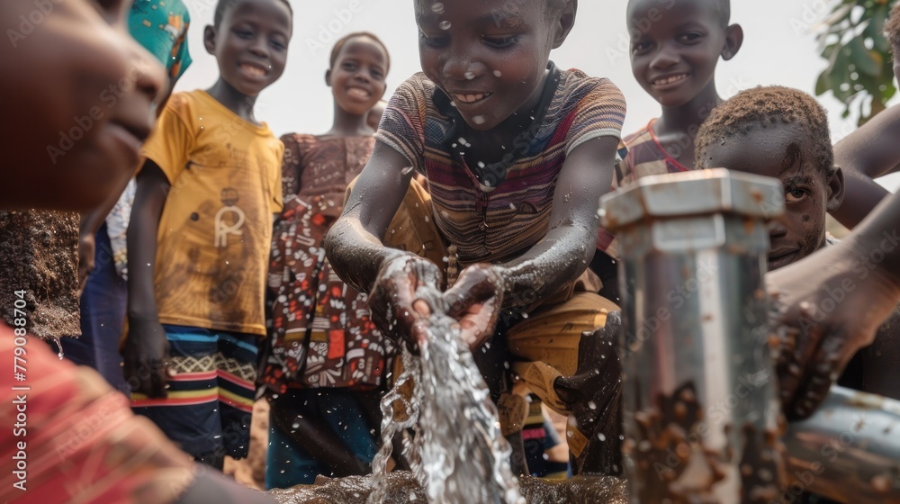 custom made wallpaper toronto digitalJoyful black African children playing with water from a newly installed pump, demonstrating the impact of clean water projects and community joy in voluntourism.
