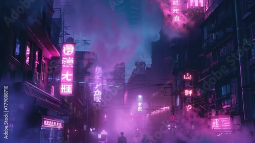 A cyberpunk cityscape at night with neon signs, fog, and silhouettes of people, useful for visual storytelling in a sci-fi setting or as a vibrant background for graphic design.