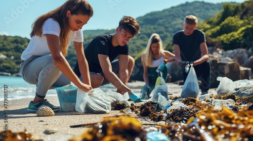 Volunteers gather to clean a beach, reflecting the environmental stewardship and community service aspect of voluntourism. photo