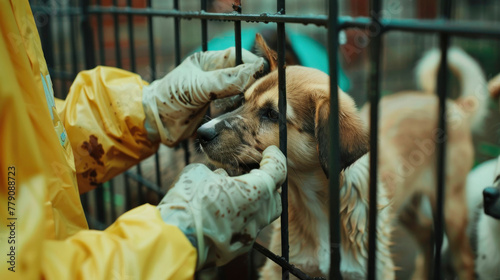 A volunteer gently examines a puppy in a cage, embodying animal welfare and the nurturing care provided in voluntourism.