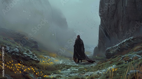 A lone figure in a mystical landscape with towering cliffs and a scattering of yellow flowers, fit for visualizing epic journeys in storytelling or evoking a sense of adventure in game design.