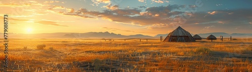 Nomadic life in the steppes, documentary, wide angle, cultural, sunset , 3D illustration photo