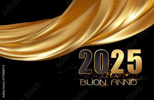 biglietto o striscione per augurare un felice anno nuovo 2025 in nero e oro con un drappeggio di tessuto color oro su sfondo nero con cerchi effetto bokeh photo