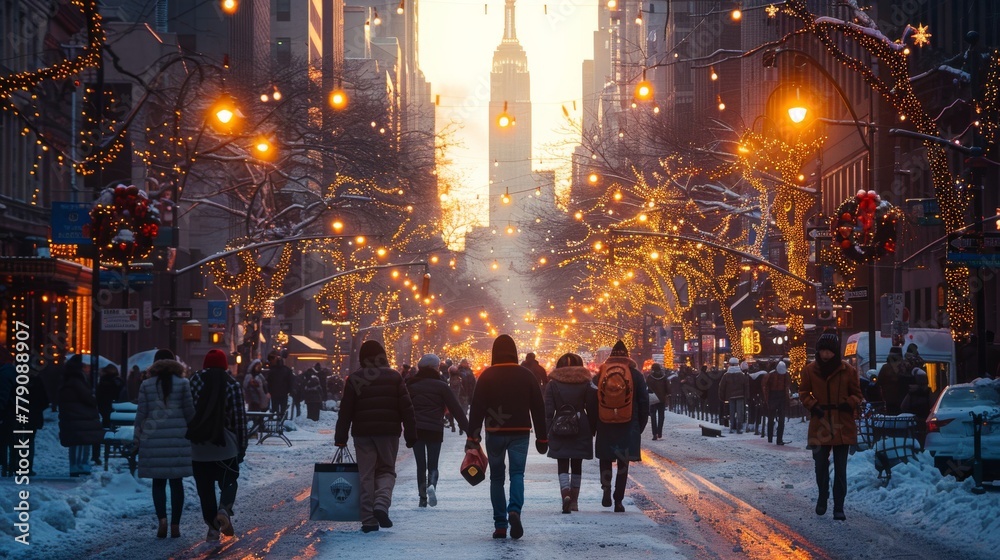 Obraz premium City Escapades: Showcase bustling city streets with holiday shoppers, street performers, and festive decorations, capturing urban holiday vibes.