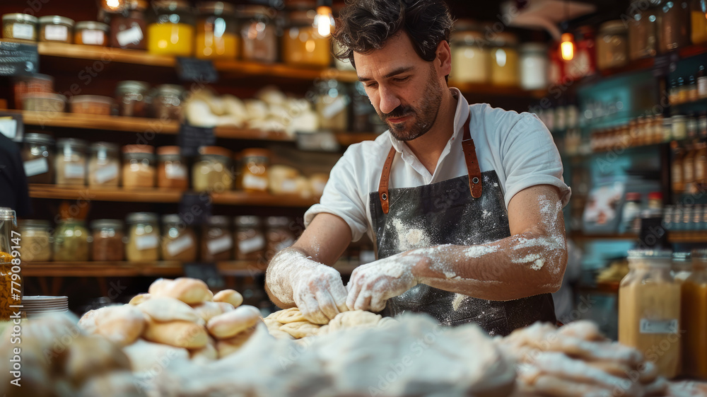 Man kneading dough in a bakery Man kneading dough in a bakery