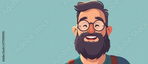 A man with a thick beard, glasses, and a moustache is happily smiling, showing his teeth. His chin and jawline are adorned with facial hair, giving him a cartoonlike appearance photo