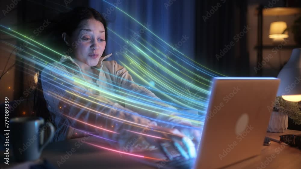 A Young, Beautiful Woman is Surprised by the High-Speed Internet, a Stream of Wind and Energy Breaks out of the Laptop Monitor and Blows her Hair. Amazed and Satisfied by the Good News