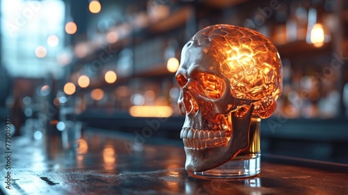glass of whiskey in the form of a human skull with a brain, alcoholism causes dementia, banner, copy space photo