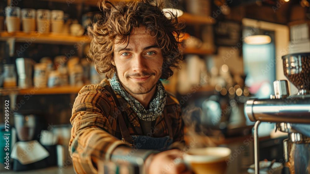 Male barista offering coffee