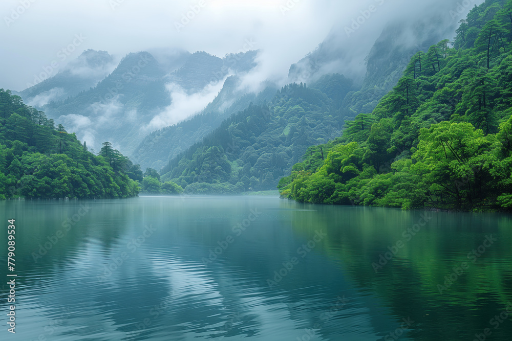 Mountain landscape with lake and forest in foggy morning, China