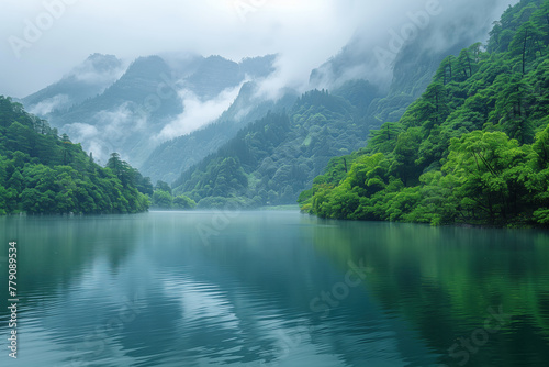 Mountain landscape with lake and forest in foggy morning, China