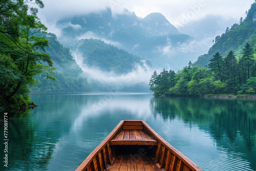 Beautiful scenery of mountain lake, view from a vintage wooden boat © Evgeny