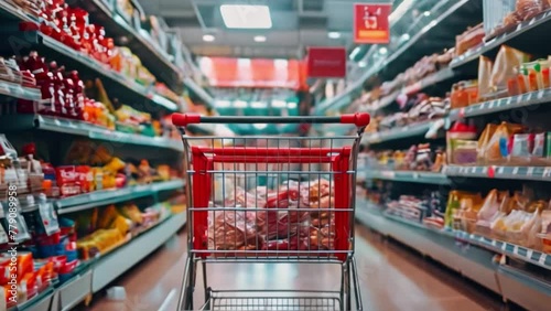 Grocery Shopping Cart Filled With Food photo