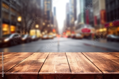 The empty wooden table top with blur background of NYC street. Exuberant image. generative AI