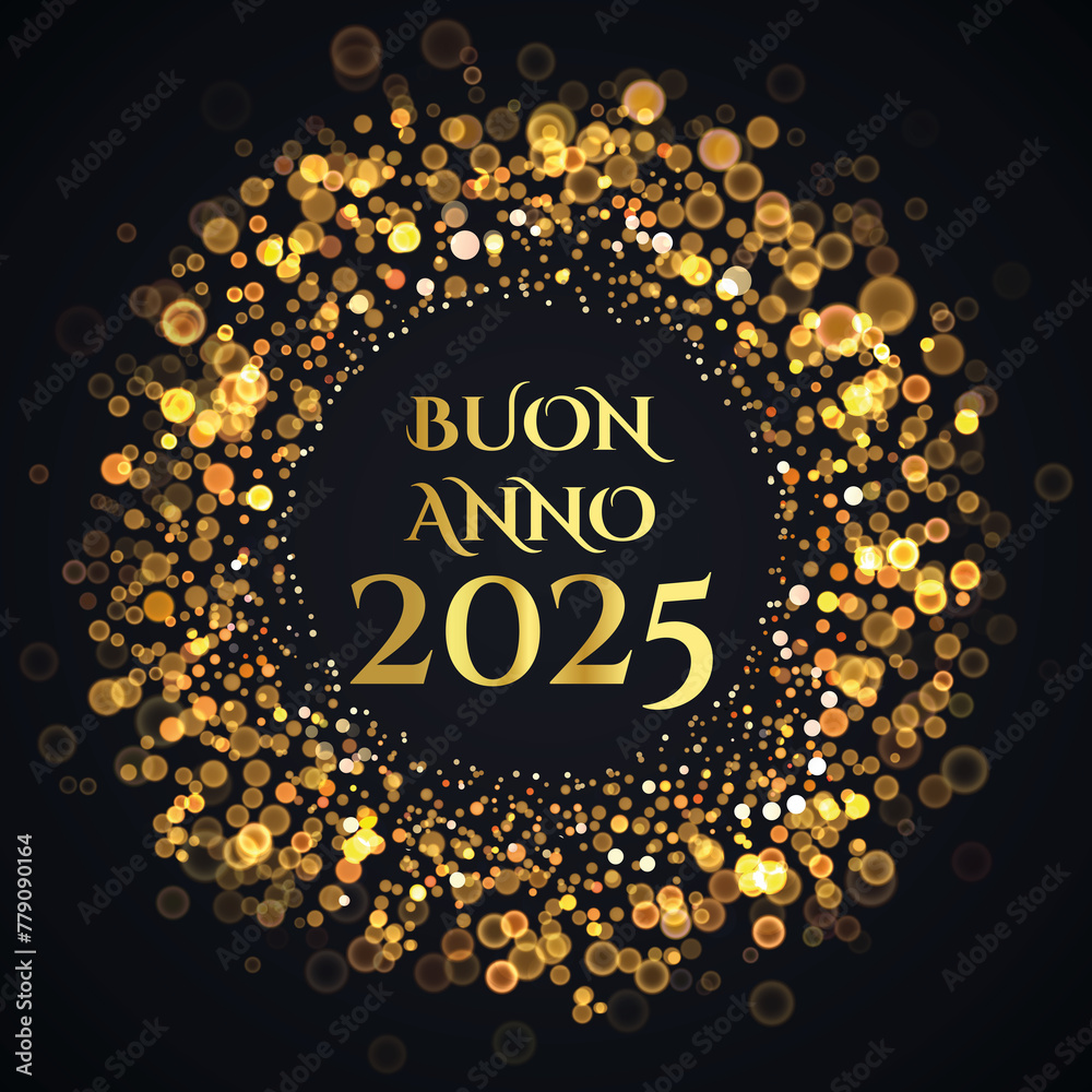 Biglietto o striscione per augurare un felice anno nuovo 2025 in oro in un cerchio composto da cerchi dorati con effetto bokeh su sfondo nero
 - obrazy, fototapety, plakaty 