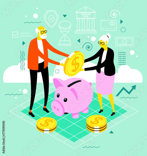 People characters investing money in pension fund. Retirement fund. Seniors saving money for retirement.