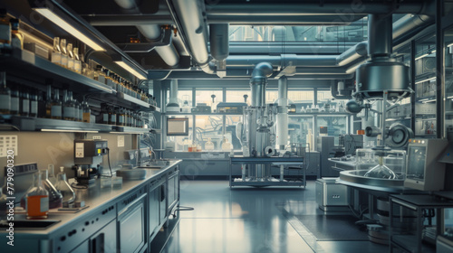 A state-of-the-art biotech pilot plant with specialized equipment and quality control stations, momentarily quiet but ready to test and optimize biologic manufacturing processes © Textures & Patterns