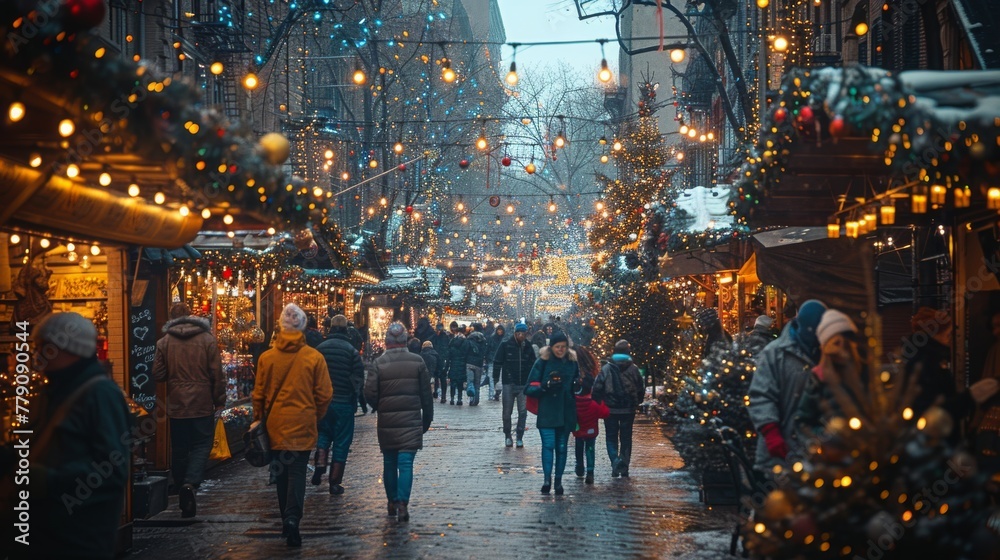 City Escapades: Showcase bustling city streets with holiday shoppers, street performers, and festive decorations, capturing urban holiday vibes.