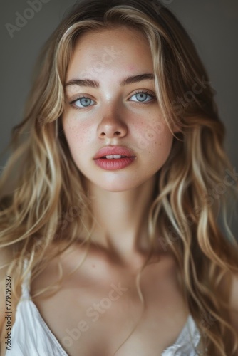 a beautiful girl of Slavic appearance  her face has natural skin without makeup 