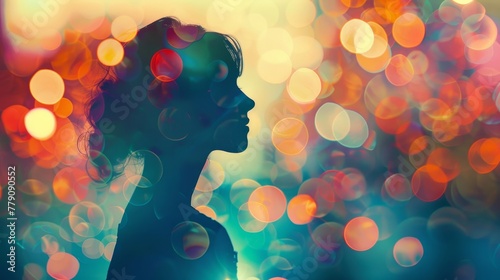 Tranquil meditation scene, a woman's silhouette against a vivid bokeh canvas, radiating calm and serenity.