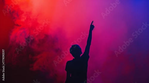 On stage  a performer in silhouette salutes with left arm  a generative AI tribute to live music and fans.