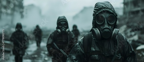 March of Resilience: Hazmat Troops in Ruins. Concept Military Operations, Post-Apocalyptic Scenes, Hazmat Suits, Resilience Against Adversity, Dystopian Future photo