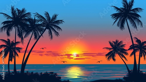 Evening on the beach with palm trees. An evening on the beach with palm trees. Colorful picture for rest. Blue palm trees at sunset. Orange sunset in the blue sky. Palmeny island. © Emil