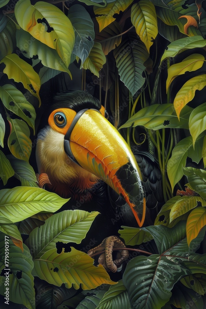 Fototapeta premium Bird toucan in tropical green leaves. summer art poster 