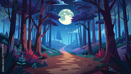 a painting of a path through a dark forest with a full moon in the sky above the trees and on the ground  for kids background,vector illustration . GENERATIVE AI