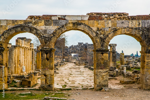 Ephesus, Turkey - March 28 2014: Ephesus city remains pillars and archways