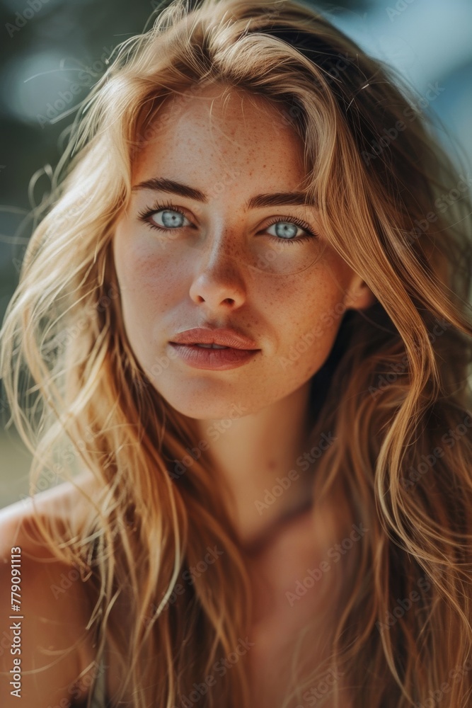A radiant woman with long, sun-kissed blonde hair A radiant woman with long, sun-kissed blonde hair
