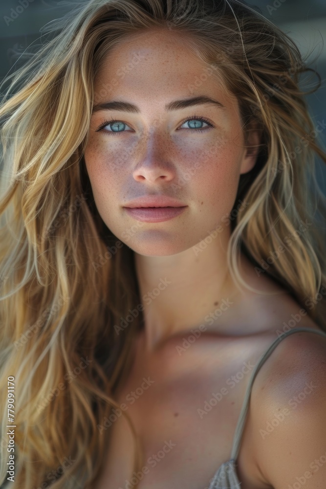 Obraz premium A radiant woman with long, sun-kissed blonde hair and captivating blue eyes