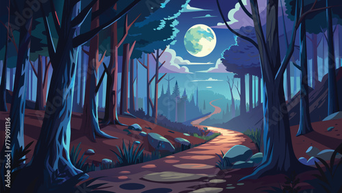 a painting of a path through a dark forest with a full moon in the sky above the trees and on the ground  for kids background,vector illustration . GENERATIVE AI