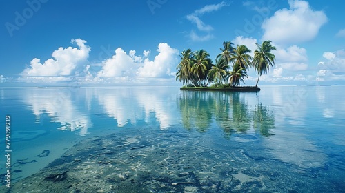 Palm fringed motu in the blue lagoon, rangiroa atoll, tuamotus, french polynesia, south pacific, pacific photo