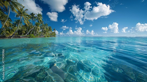 Palm fringed motu in the blue lagoon, rangiroa atoll, tuamotus, french polynesia, south pacific, pacific