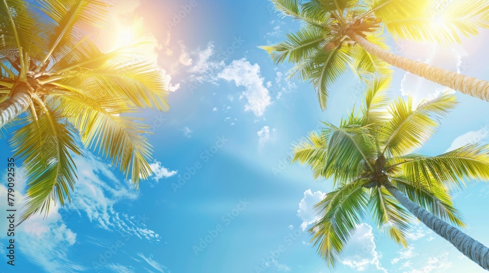 Palm trees against blue sky, Palm trees at tropical coast, coconut tree, summer tree. background with copy space