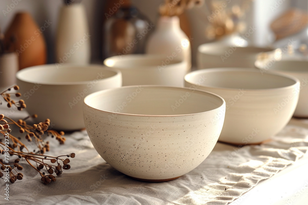 Minimalist design of ceramic bowls on table in kitchen. Subtle texture beneath touch as evidence of artisan handiwork. Piece of art. Minimalist design of ceramic bowls on table in kitchen. Subtle texture beneath touch as evidence of artisan handiwork. Piece of art.