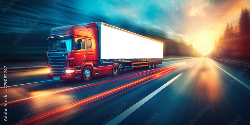 Truck driving fast along empty highway at dusk countryside. Cargo delivering lorry in motion on twilight freeway. Vehicle with mockup freight body. Truck driving fast along empty highway at dusk countryside. Cargo delivering lorry in motion on twilight freeway. Vehicle with mockup freight body.