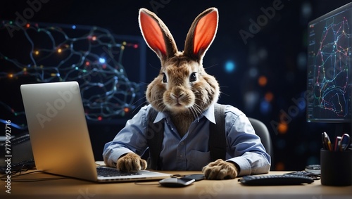 A rabbit wearing a brown sweater is sitting at a desk in front of a computer.  