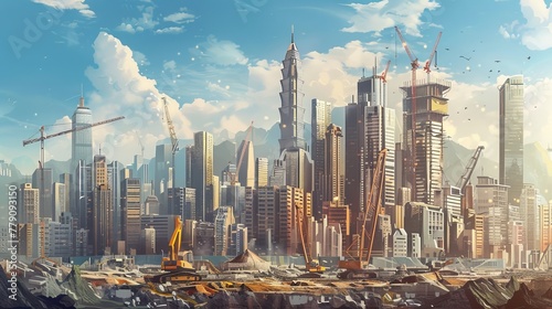 Panoramic view showcasing the dynamic growth of a modern city with a focus on construction and high-rise buildings © Yusif