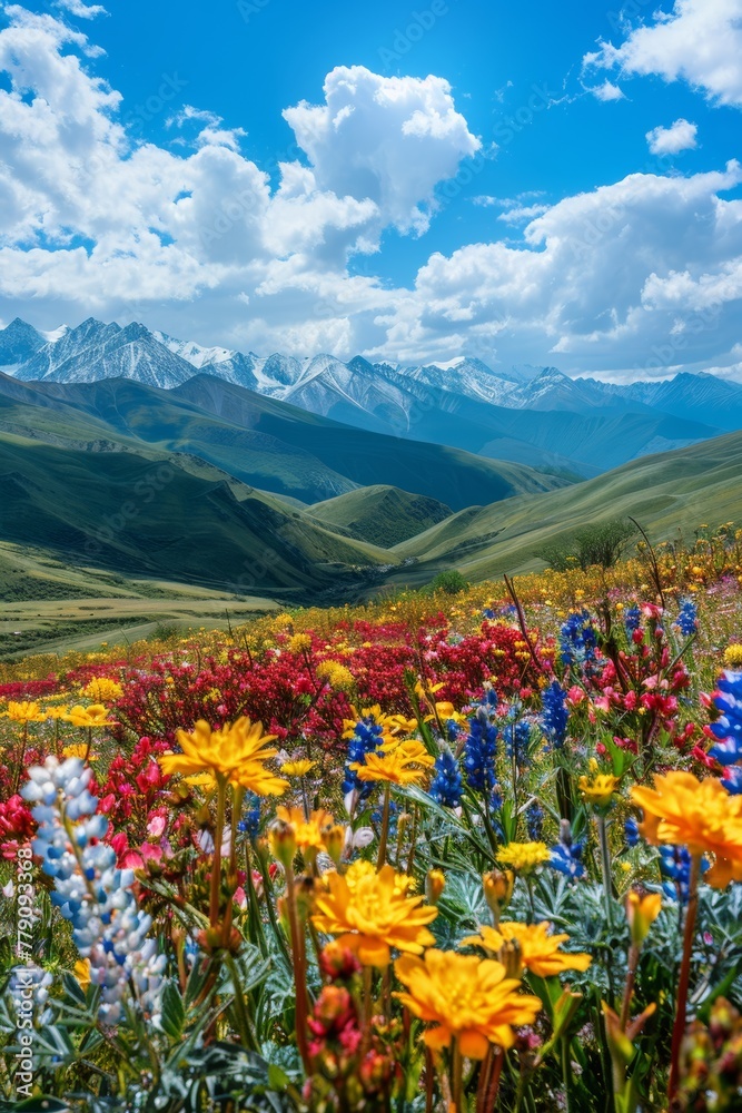 Obraz premium Bright colors, nature, vast grasslands, colorful flower seas, red, yellow, blue, 