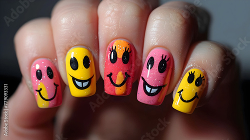 Vibrant Smiley Face Nail Art Design Expressing Joy and Playful Pop Culture Style