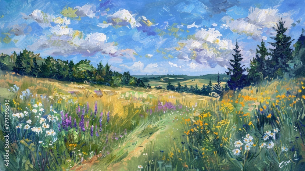 canadian landscape with a wide meadow and white and purple flowers