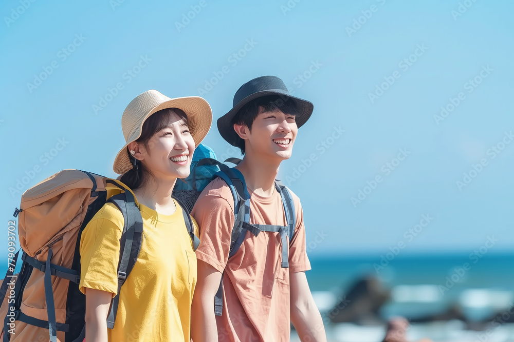 Happy couple traveller at the beach in sunny day. Traveller wear beach fashion set.