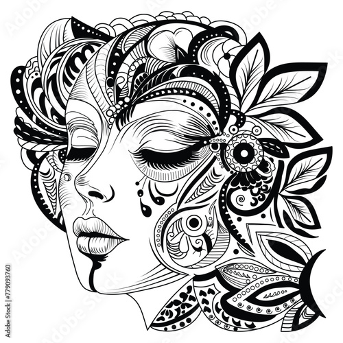 Vector illustration of a zentangle woman's face on separate white background

